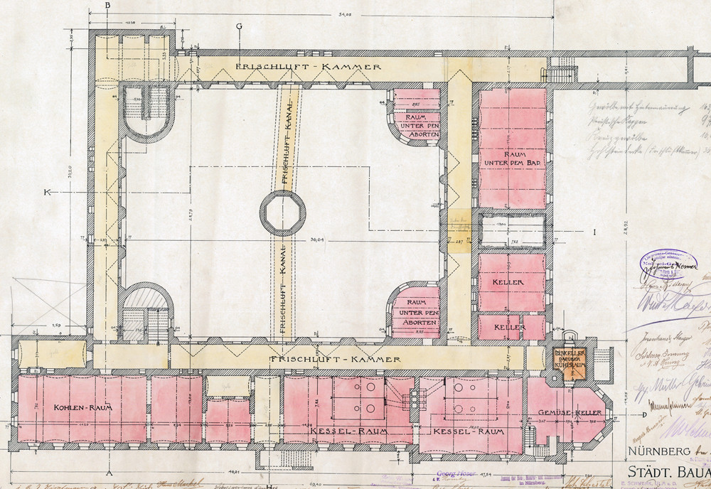 Untergeschoss Sebastianspital mit Frischluftkammern<br />
Entwurfsplanung H. Wallraff 1910